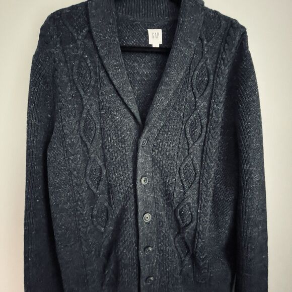 Vtg Gap Cardigan Sweater Men L Navy Blue Fleck Grandpa Chunky Knit Shawl Collar - Picture 5 of 13